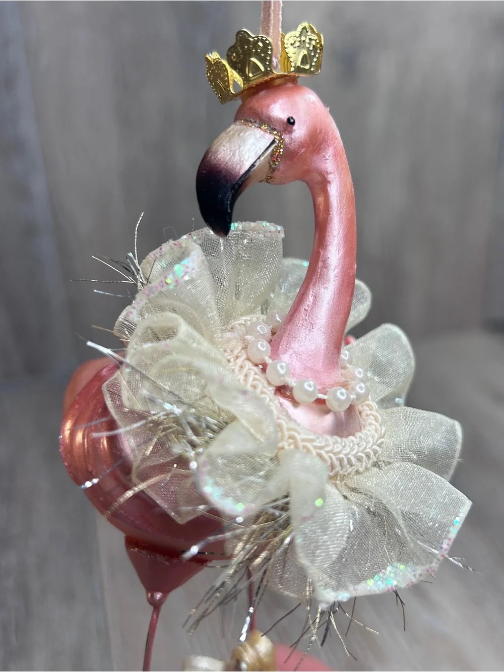 Vintage Pink Flamingo Ballerina Ornament with Cream Tulle Collar and Gold Crown